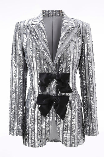 Sparkly Silver Grey Peak Lapel Sequin Women Prom Blazer with Bow