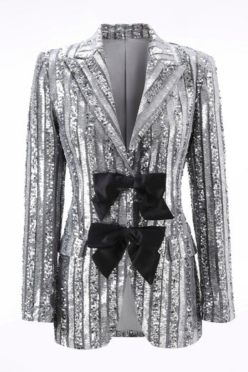 Sparkly Silver Grey Peak Lapel Sequin Women Prom Blazer with Bow