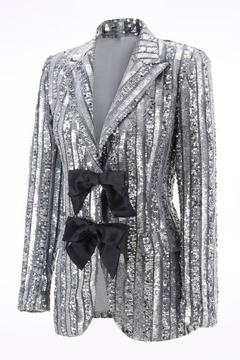 Sparkly Silver Grey Peak Lapel Sequin Women Prom Blazer with Bow