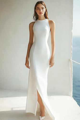 Round Neck Ivory Mermaid Maxi Rehearsal Dinner Dress with Slit
