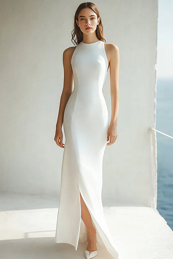 Round Neck Ivory Mermaid Maxi Rehearsal Dinner Dress with Slit