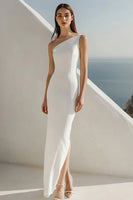 Load image into Gallery viewer, Sheath Ivory One Shoulder Maxi Rehearsal Dinner Dress with Slit
