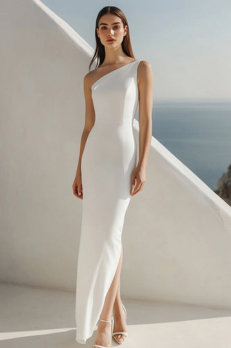 Sheath Ivory One Shoulder Maxi Rehearsal Dinner Dress with Slit