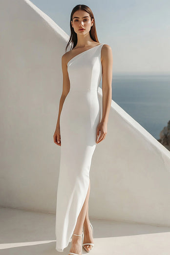 Sheath Ivory One Shoulder Maxi Rehearsal Dinner Dress with Slit