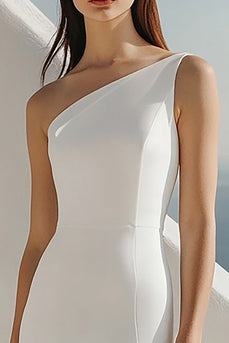 Sheath Ivory One Shoulder Maxi Rehearsal Dinner Dress with Slit