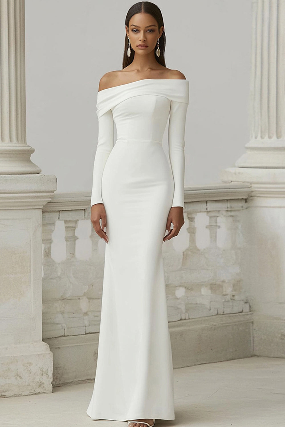 Mermaid Off the Shoulder Ivory Maxi Rehearsal Dinner Dress with Sleeves