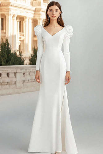 Mermaid Ivory V-Neck Maxi Rehearsal Dinner Dress with Sleeves