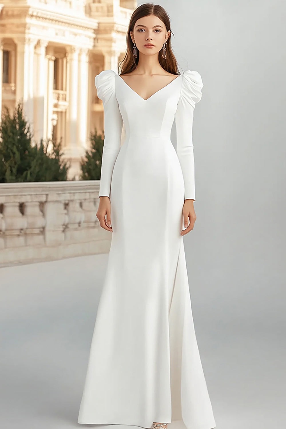 Mermaid Ivory V-Neck Maxi Rehearsal Dinner Dress with Sleeves