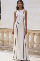 Load image into Gallery viewer, Sheath White and Black Striped Maxi Rehearsal Dinner Dress