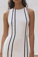 Load image into Gallery viewer, Sheath White and Black Striped Maxi Rehearsal Dinner Dress