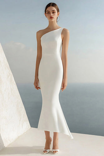 Simple One Shoulder Ivory Mermaid Maxi Rehearsal Dinner Dress