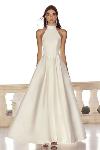 A Line Ivory High Neck Satin Maxi Rehearsal Dinner Dress
