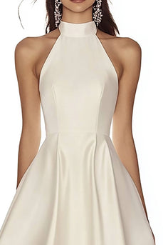 A Line Ivory High Neck Satin Maxi Rehearsal Dinner Dress