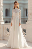 Load image into Gallery viewer, High Neck Ivory Long Sleeves Lace Rehearsal Dinner Dress