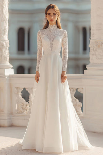 High Neck Ivory Long Sleeves Lace Rehearsal Dinner Dress