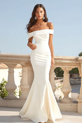 Ivory Off the Shoulder Mermaid Maxi Satin Rehearsal Dinner Dress
