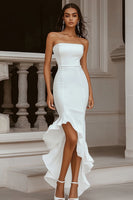 Load image into Gallery viewer, Ivory High-Low Strapless Rehearsal Dinner Dress with Ruffles