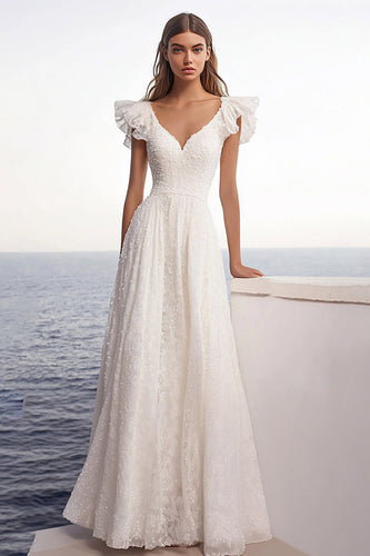 V-Neck Ivory Lace Maxi Rehearsal Dinner Dress with Ruffles