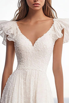 V-Neck Ivory Lace Maxi Rehearsal Dinner Dress with Ruffles