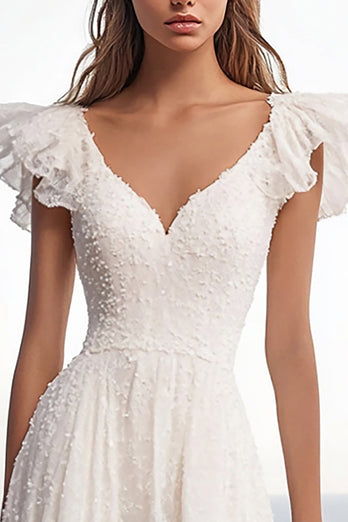 V-Neck Ivory Lace Maxi Rehearsal Dinner Dress with Ruffles