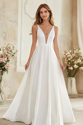 V-Neck A Line Ivory Deep Chiffon Maxi Rehearsal Dinner Dress