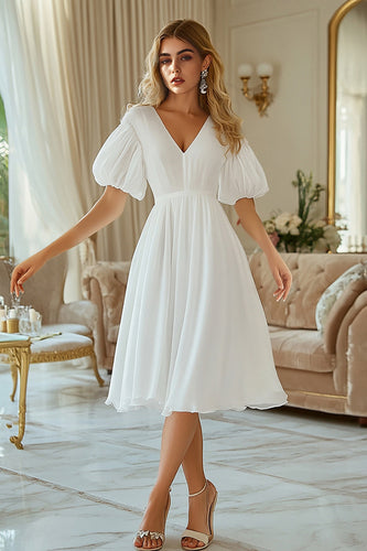 Ivory V-Neck Chiffon Puff Sleeves Midi Engagement Dress