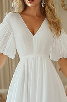 Load image into Gallery viewer, Ivory V-Neck Chiffon Puff Sleeves Midi Engagement Dress