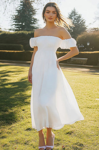 Ivory A Line Off the Shoulder Chiffon Maxi Engagement Dress