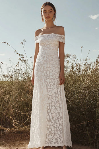 Ivory Off the Shoulder Lace Sheath Maxi Rehearsal Dinner Dress