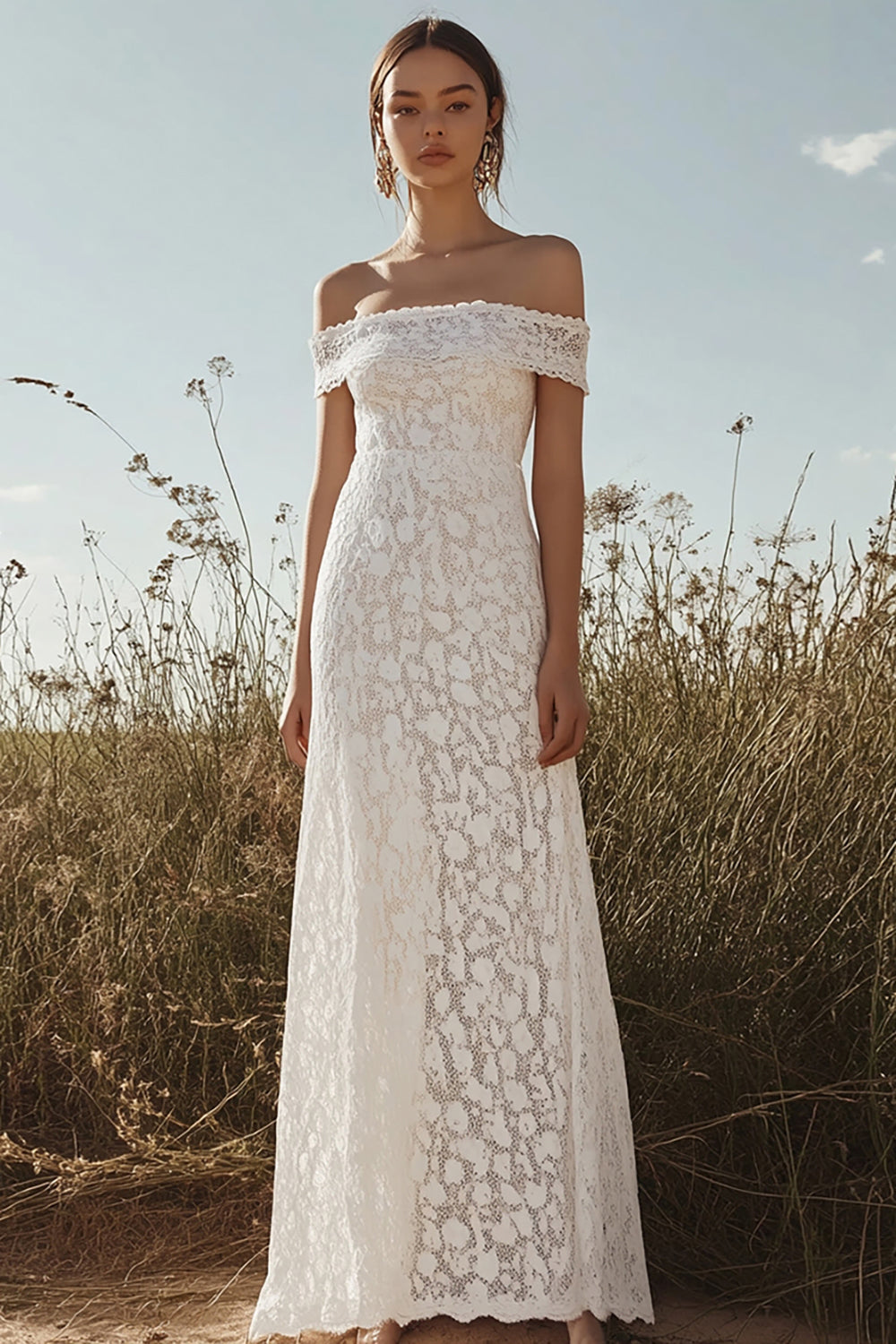 Ivory Off the Shoulder Lace Sheath Maxi Rehearsal Dinner Dress
