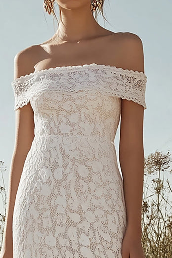 Ivory Off the Shoulder Lace Sheath Maxi Rehearsal Dinner Dress