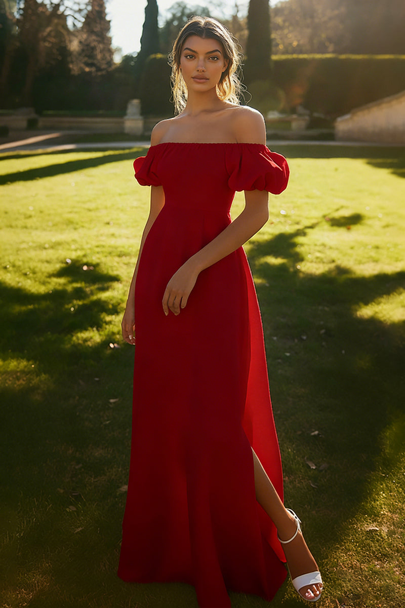 Load image into Gallery viewer, Puff Sleeves Ivory Maxi Satin Rehearsal Dinner Dress with Slit