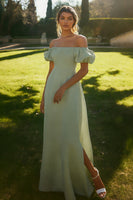 Load image into Gallery viewer, Puff Sleeves Ivory Maxi Satin Rehearsal Dinner Dress with Slit