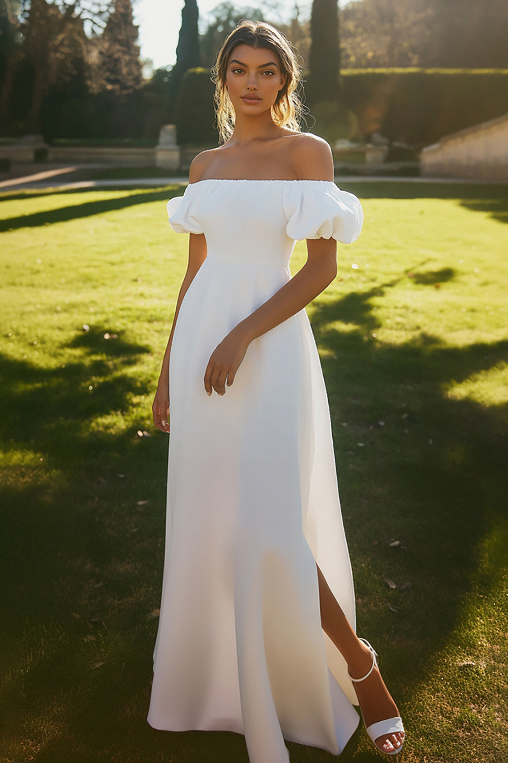 Puff Sleeves Ivory Maxi Satin Rehearsal Dinner Dress with Slit