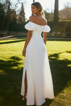 Puff Sleeves Ivory Maxi Satin Rehearsal Dinner Dress with Slit