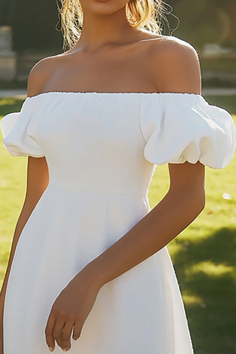 Load image into Gallery viewer, Puff Sleeves Ivory Maxi Satin Rehearsal Dinner Dress with Slit
