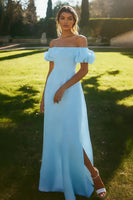 Load image into Gallery viewer, Puff Sleeves Ivory Maxi Satin Rehearsal Dinner Dress with Slit