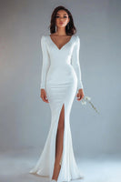 Load image into Gallery viewer, Mermaid Ivory V-Neck Long Sleeves Rehearsal Dinner Dress with Slit