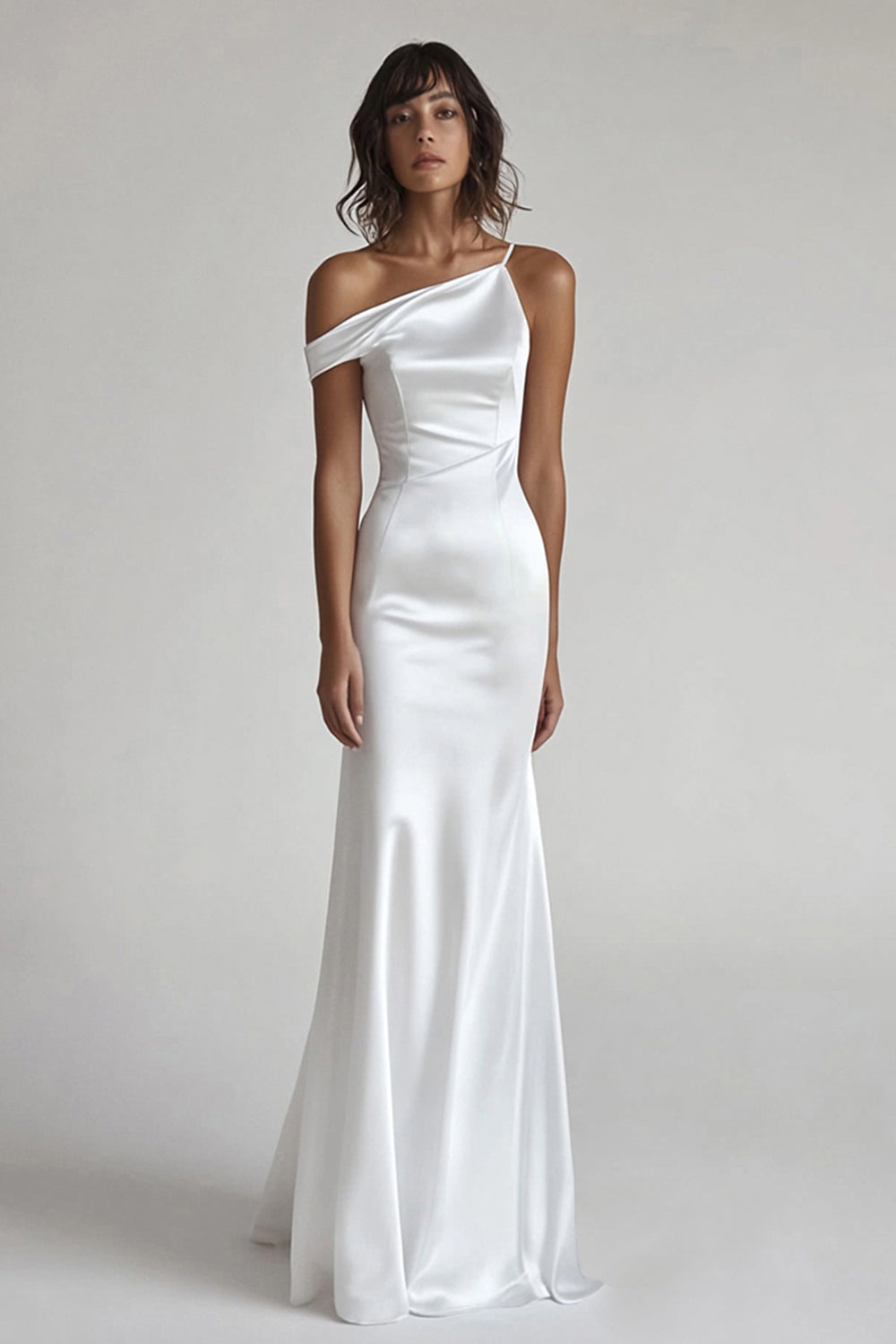 Ivory Mermaid One Shoulder Maxi Satin Rehearsal Dinner Dress