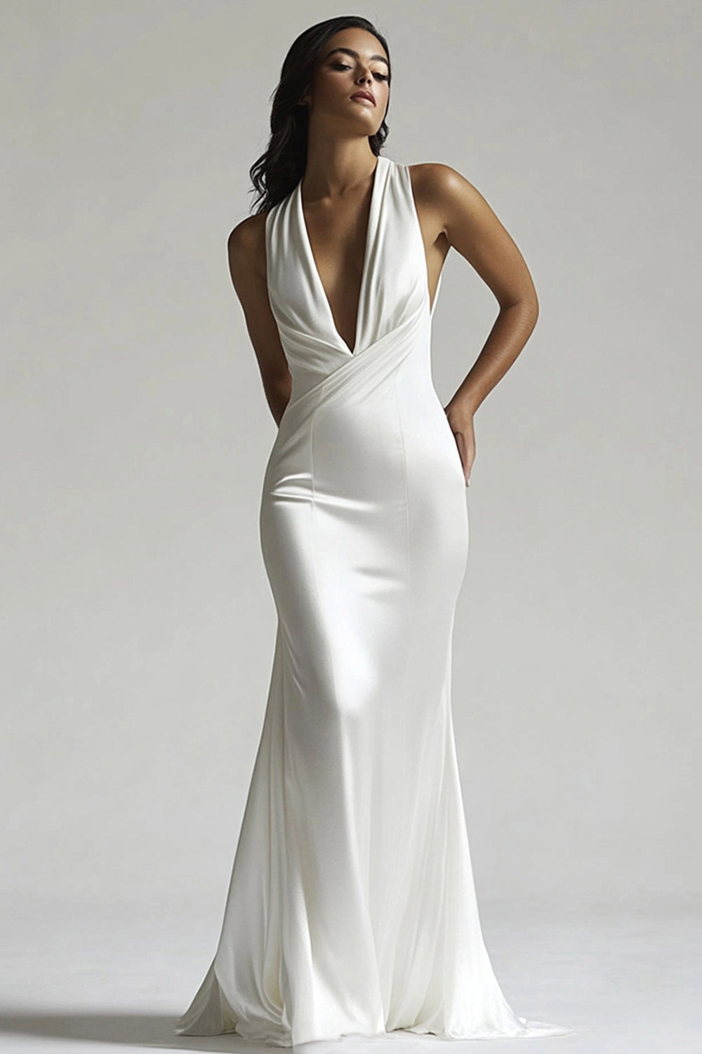 Deep V-Neck Ivory Ruched Maxi Mermaid Rehearsal Dinner Dress