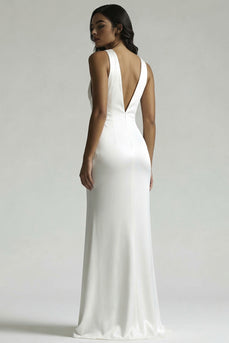 Deep V-Neck Ivory Ruched Maxi Mermaid Rehearsal Dinner Dress