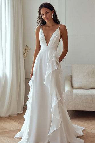 Deep V-Neck Ivory Chiffon Maxi Rehearsal Dinner Dress with Ruffles