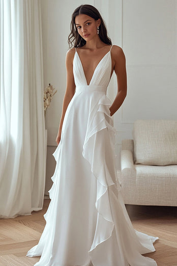 Deep V-Neck Ivory Chiffon Maxi Rehearsal Dinner Dress with Ruffles