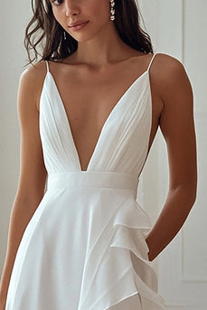 Deep V-Neck Ivory Chiffon Maxi Rehearsal Dinner Dress with Ruffles