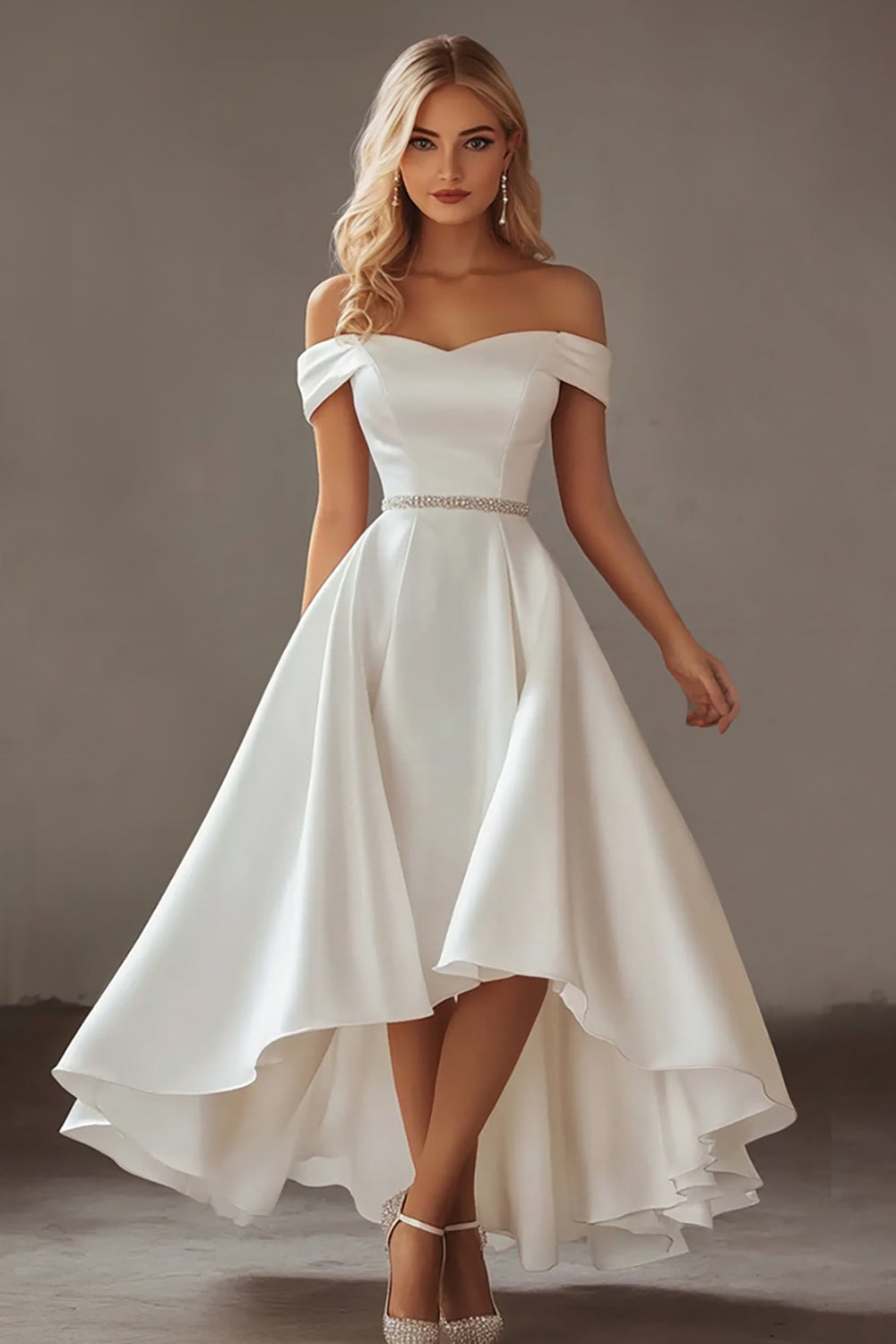 Off the Shoulder Ivory High-Low Engagement Dress with Rhinestones