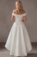Load image into Gallery viewer, Off the Shoulder Ivory High-Low Engagement Dress with Rhinestones
