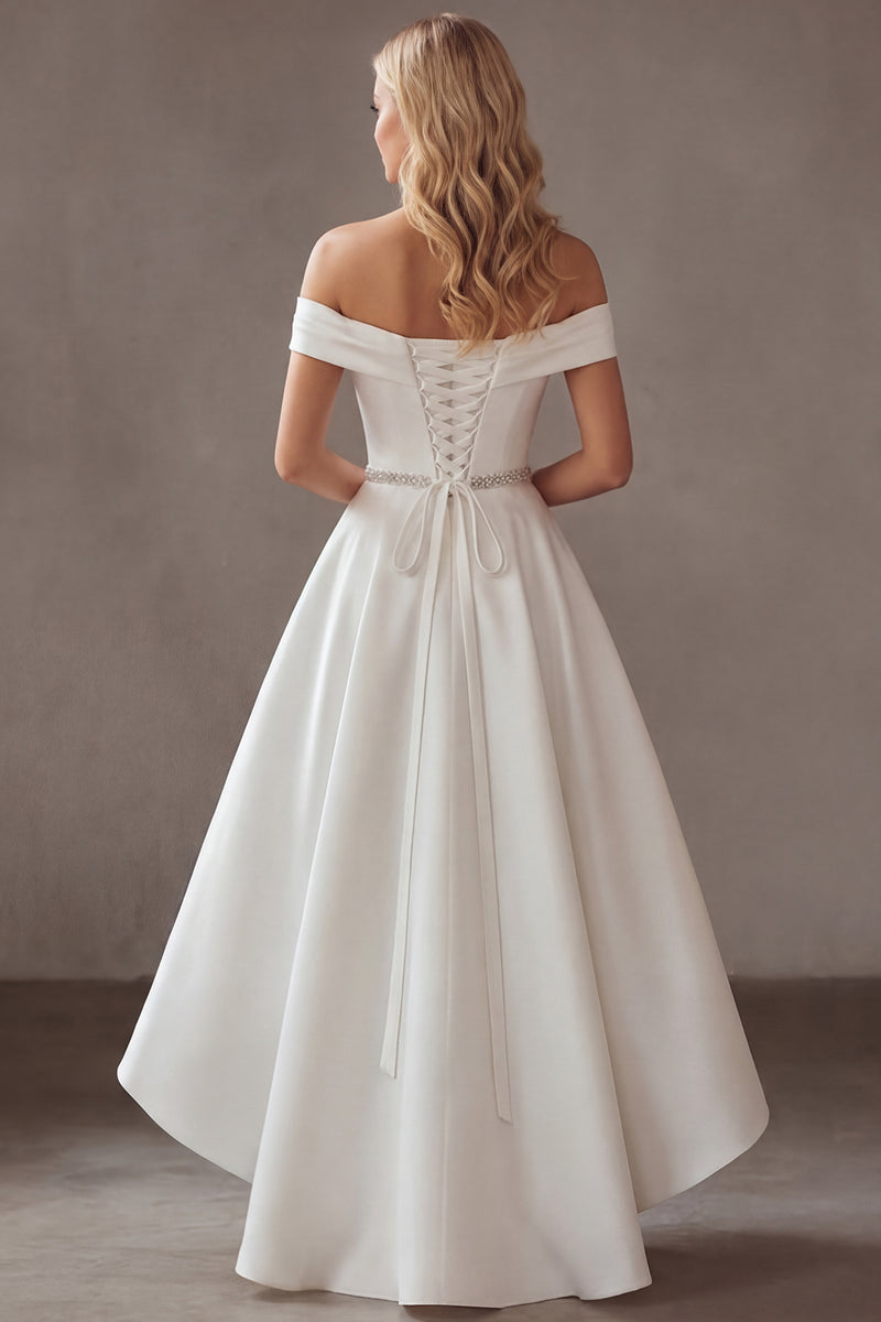 Load image into Gallery viewer, Off the Shoulder Ivory High-Low Engagement Dress with Rhinestones