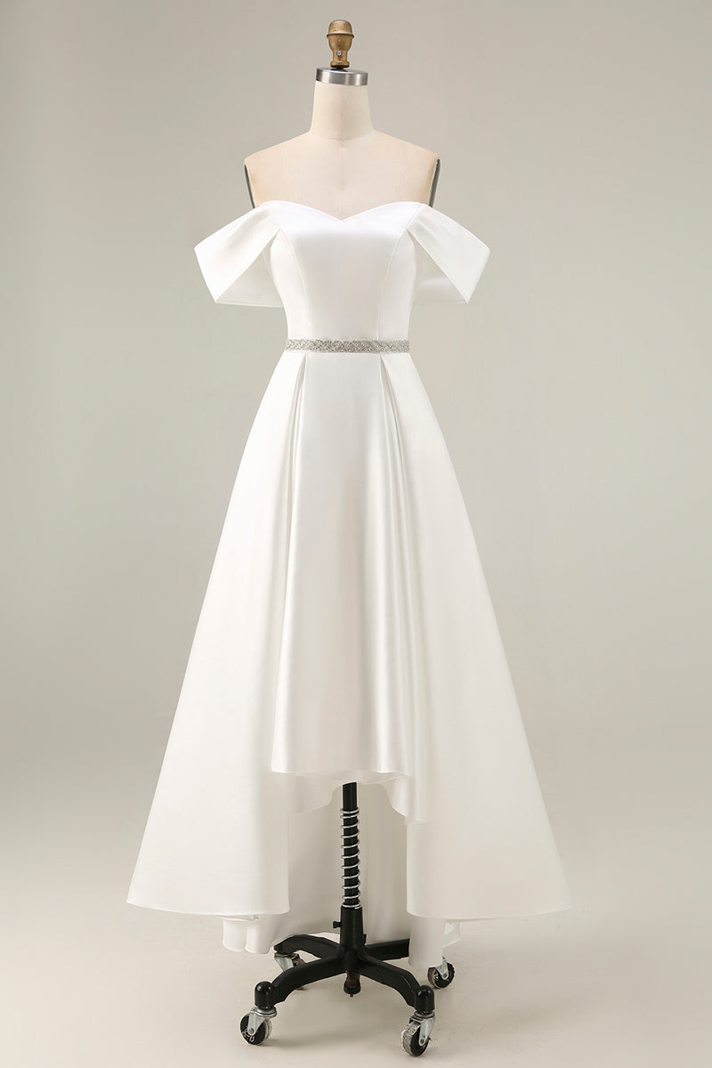 Load image into Gallery viewer, Off the Shoulder Ivory High-Low Engagement Dress with Rhinestones