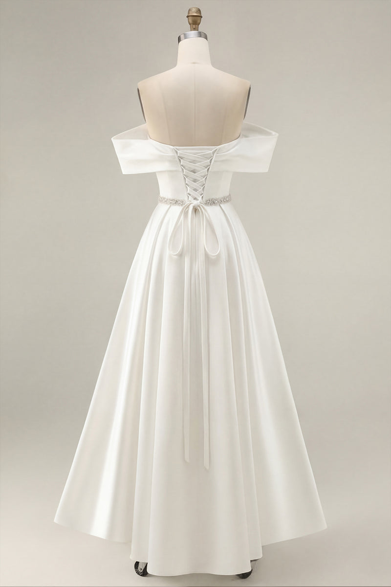 Load image into Gallery viewer, Off the Shoulder Ivory High-Low Engagement Dress with Rhinestones