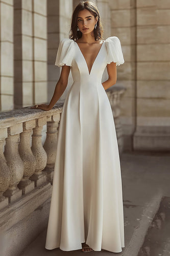 Simple Ivory Deep V-Neck Rehearsal Maxi Dinner Dress with Sleeves